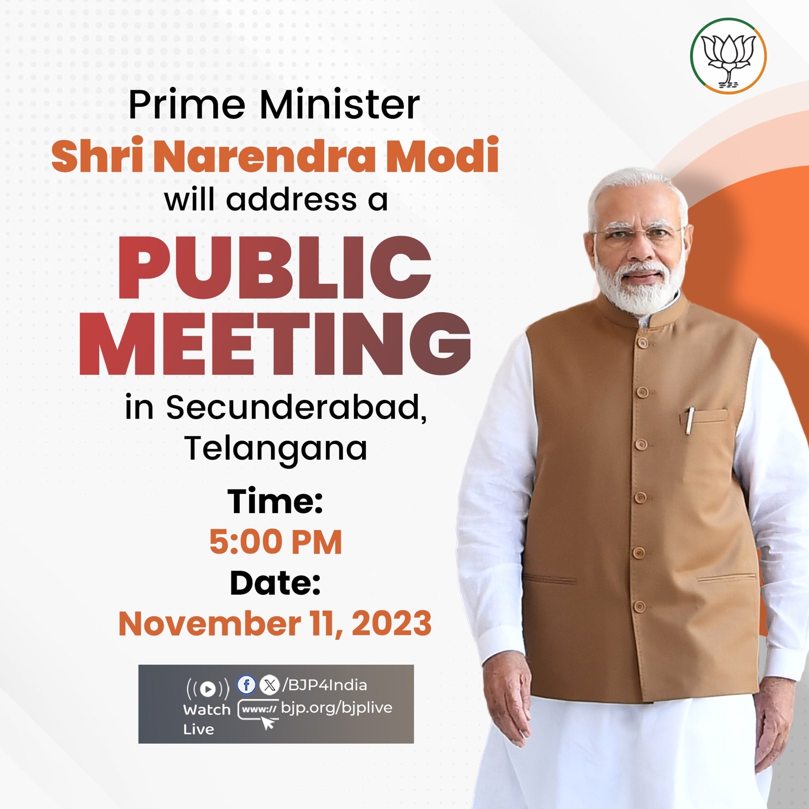 Narendra Modi will address a Public Meeting in Secunderabad, Telangana