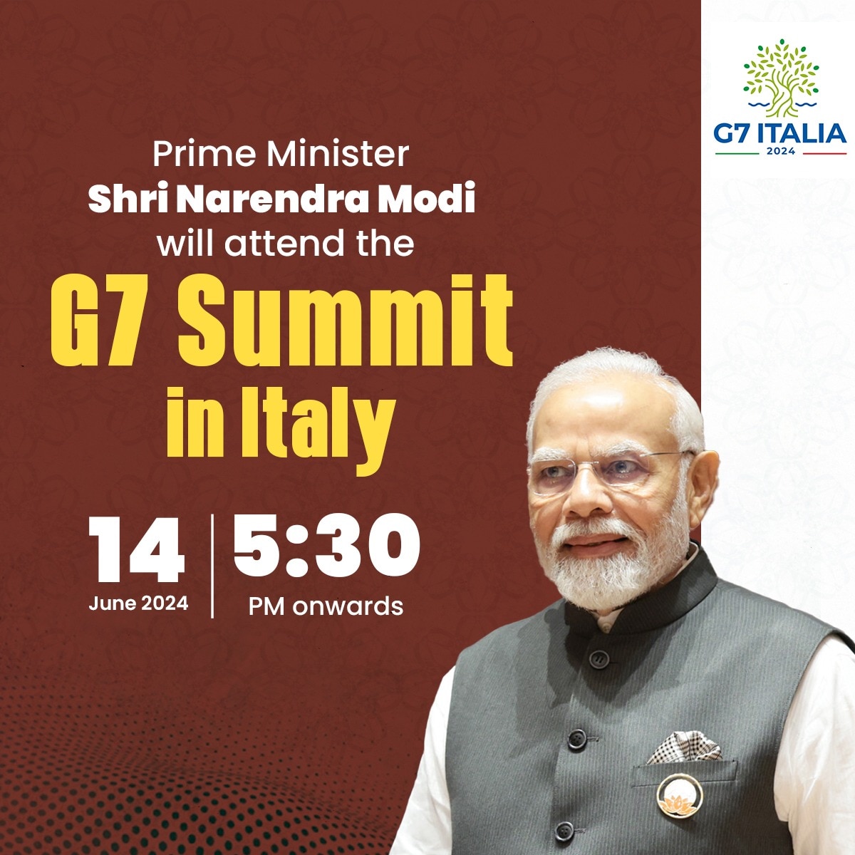 Prime Minister Shri Narendra Modi will attend the G7 Summit in Italy on ...