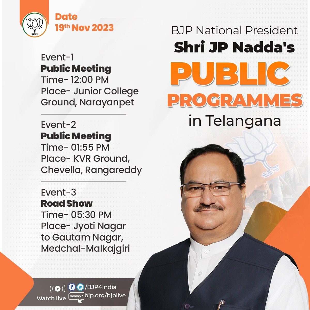 Bjp National President Shri Jp Nadda S Public Programmes In Telangana On 19th November 2023 9527