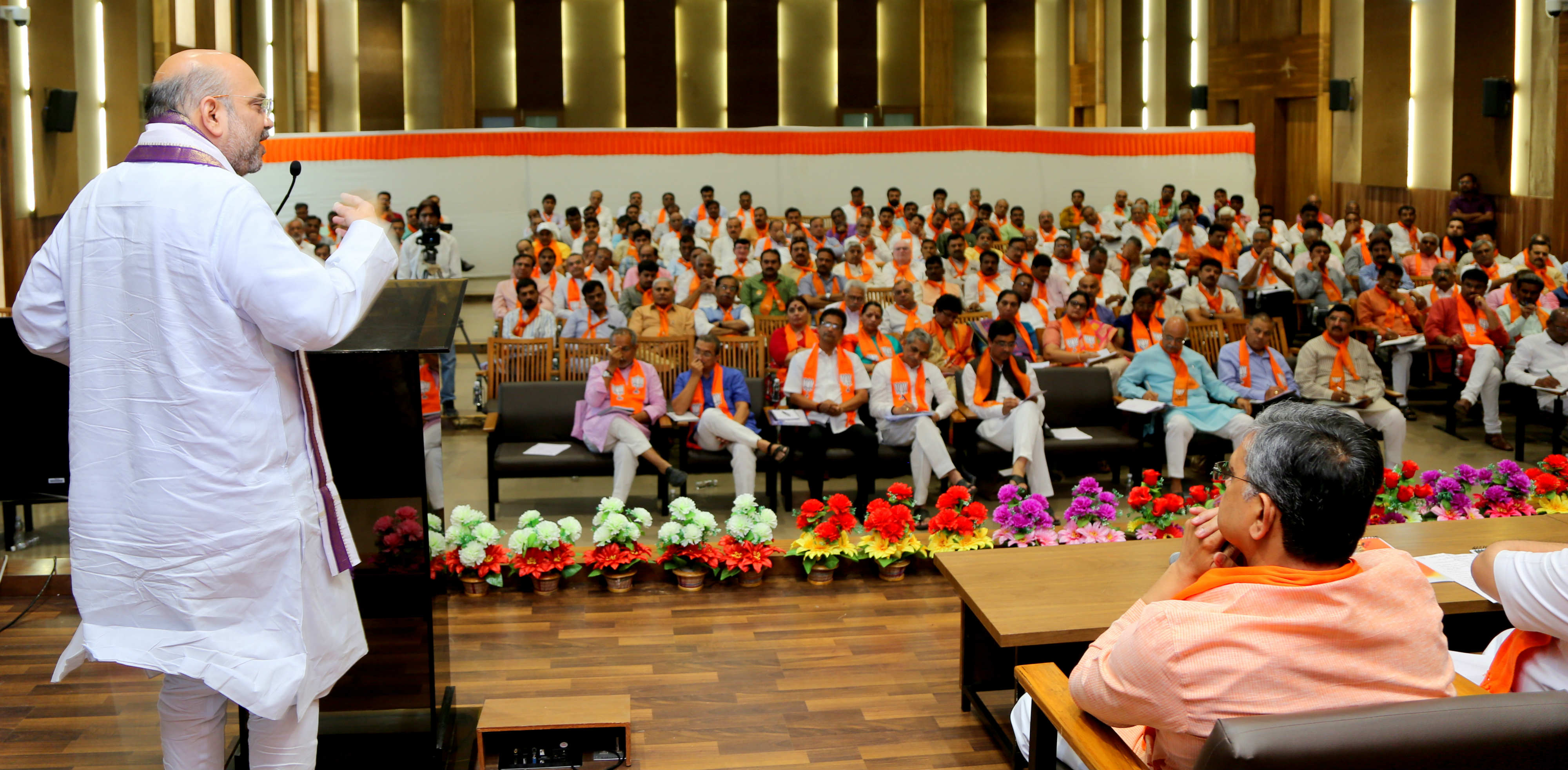 Photo : BJP National President, Shri Amit Shah addressing Gujarat BJP State Office Bearers Meeting at State BJP Office, Kamalam, Koba, Gandhi Nagar (Gujarat)