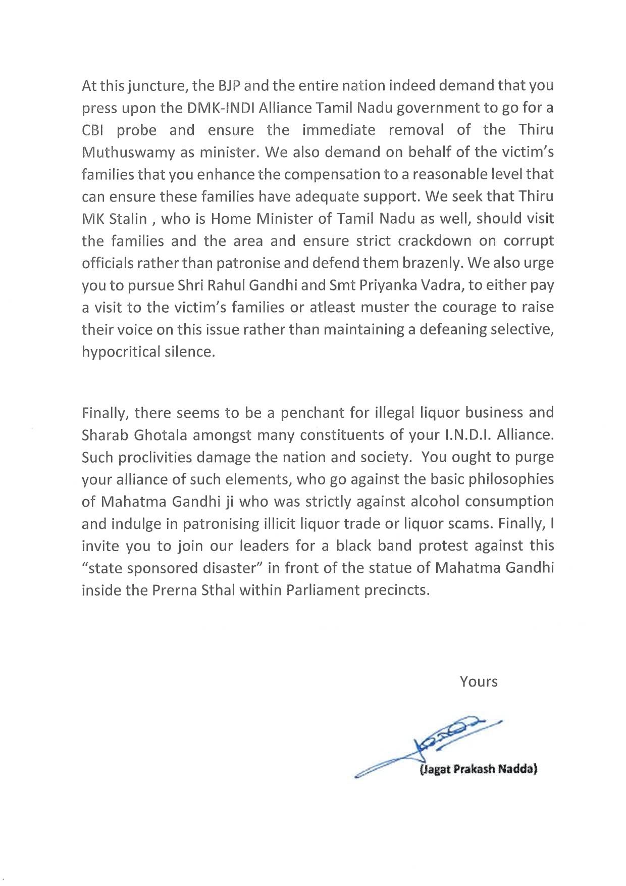 Letter by BJP National President Shri J.P. Nadda ji to Congress ...