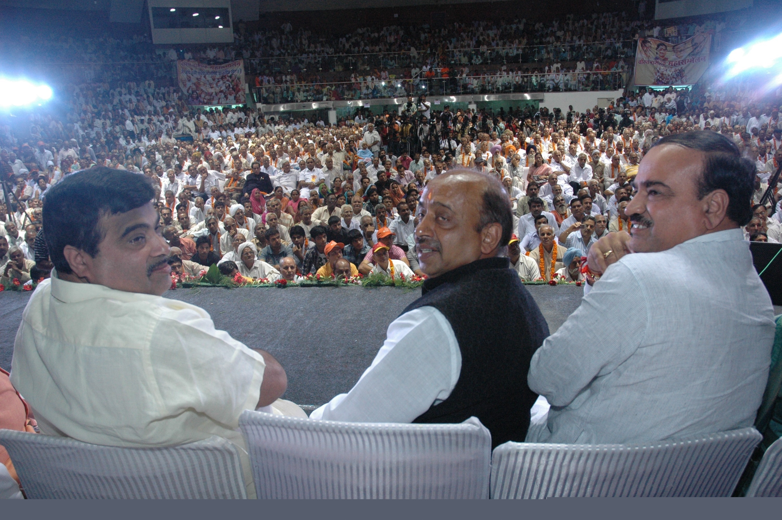 BJP National President, Shri Nitin Gadkari, BJP General Secreary, Shri Vijay Goel and Shri Ananth Kumar at "Senior Citizen Mahasammelan" at Talkatora Stadium, New Delhi on August 14, 2011