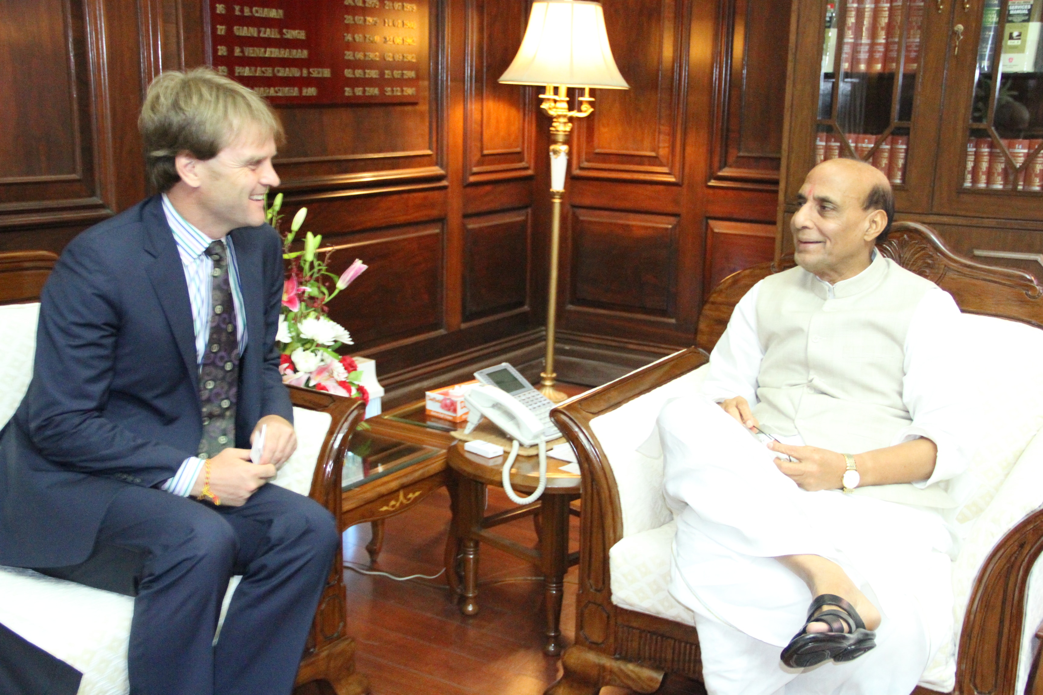 The Union Home Minister Shri Rajnath Singh meeting with the Immigration Minister of Canada Mr. Chris Alexander at North Block (New Delhi) on 8 July 2014