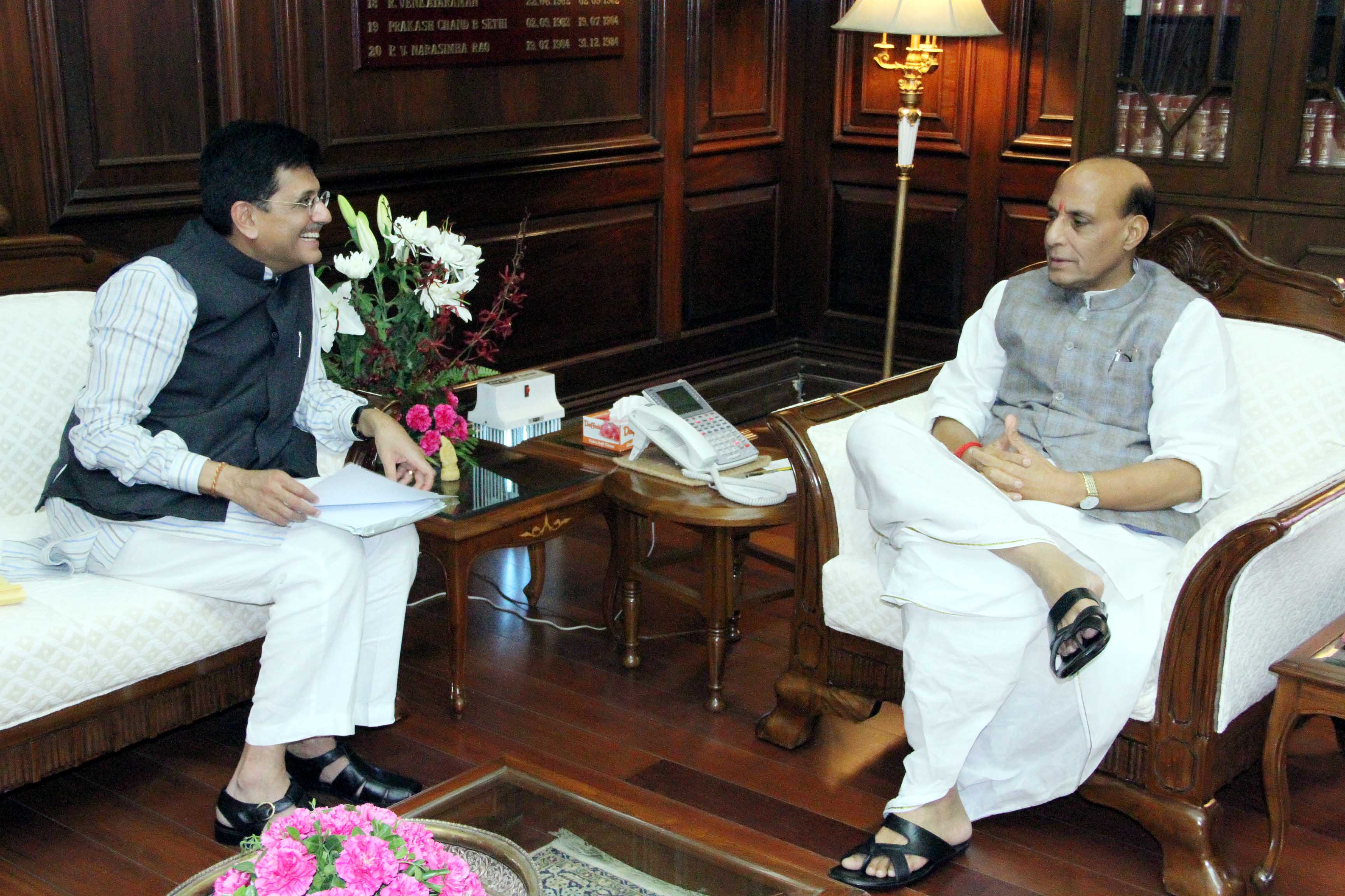 The Union Home Minister Shri Rajnath Singh meeting with the MoS (Indep. Charge) for Power, Coal and New & Renewable Energy Shri Piyush Goyal at North Block (New Delhi) on 2 July 2014