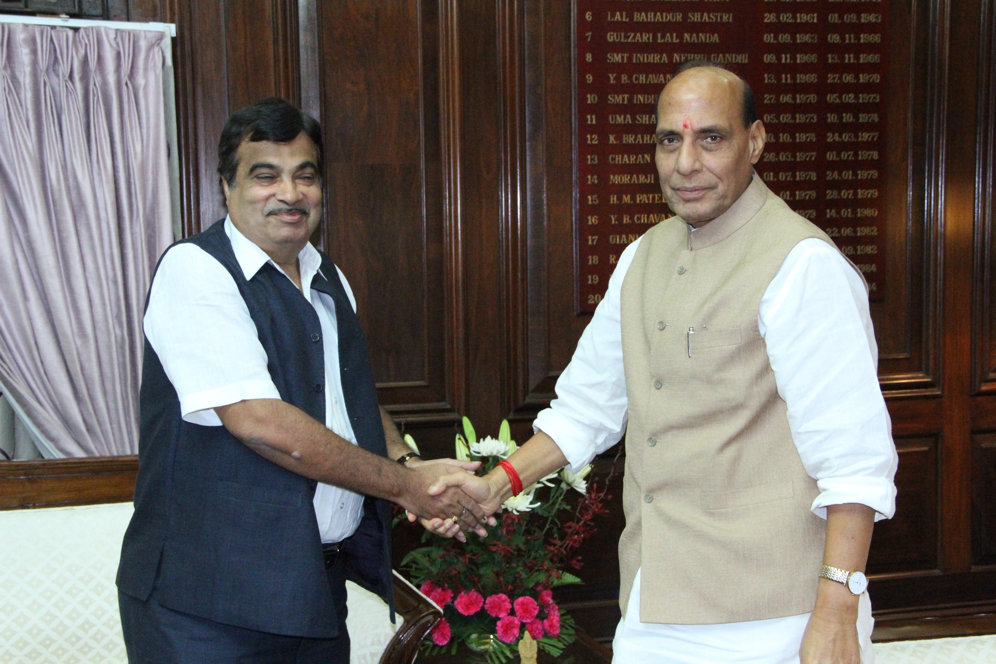 The Union Home Minister Shri Rajnath Singh meeting with the Road Transport and Highways Minister Shri Nitin Gadkari at North Block (New Delhi) on 01 July 2014