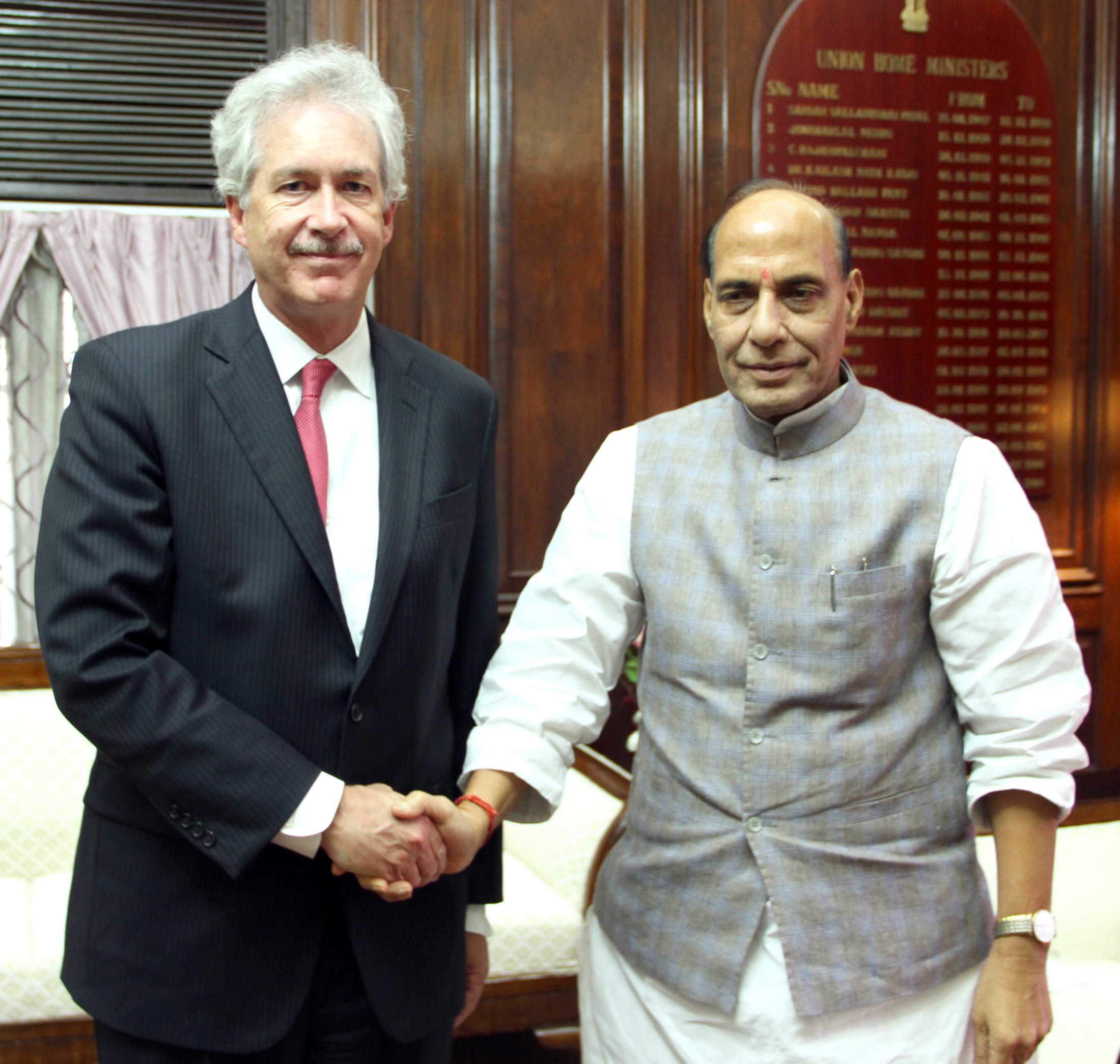 The Union Home Minister Shri Rajnath Singh meeting with the US Deputy Secretary of State Mr. William Joseph Burns at North Block (New Delhi) on 10 July 2014