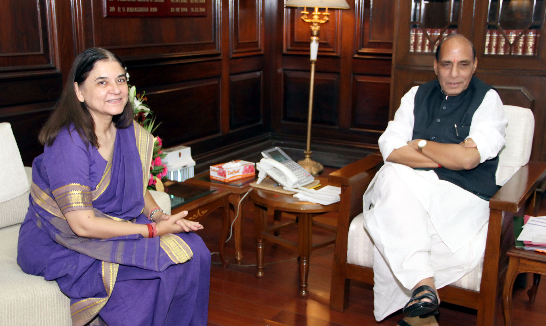 The Union Home Minister Shri Rajnath Singh meeting with the Women and Child Development Minister Smt. Maneka Sanjay Gandhi at North Block (New Delhi) on 27 June 2014